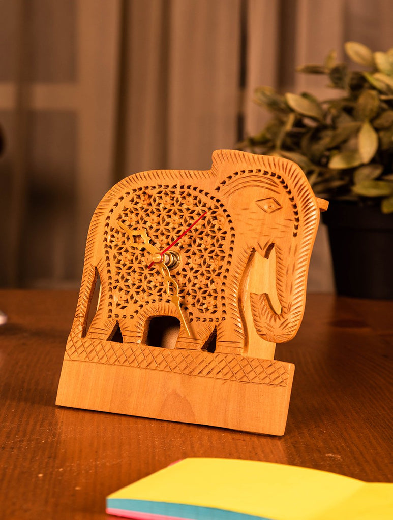 Wooden Jaali Elephant Desk Clock