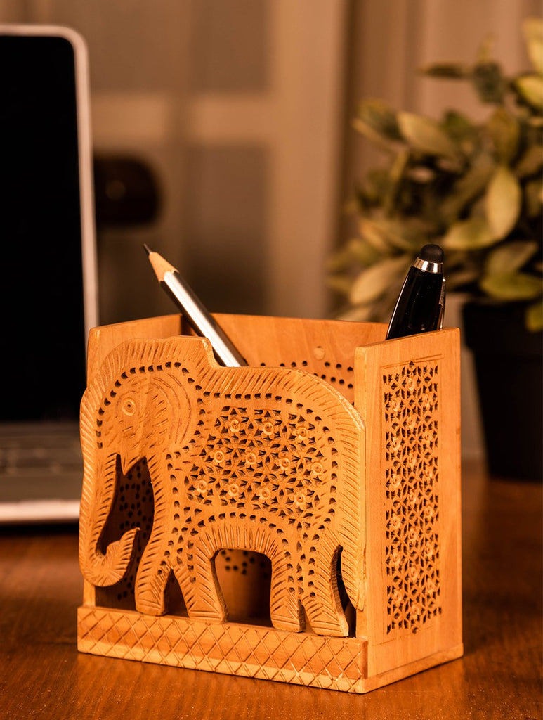 Wooden Jaali Elephant Pen Stand