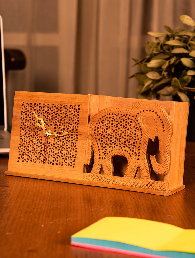 Wooden Jaali Elephant Stationery Stand & Clock