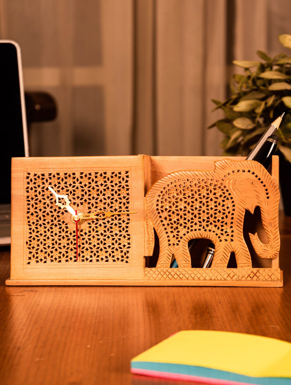 Load image into Gallery viewer, Wooden Jaali Elephant Stationery Stand &amp; Clock