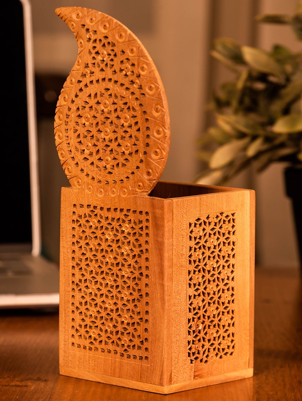 Wooden Jaali Paisley Pen Stand