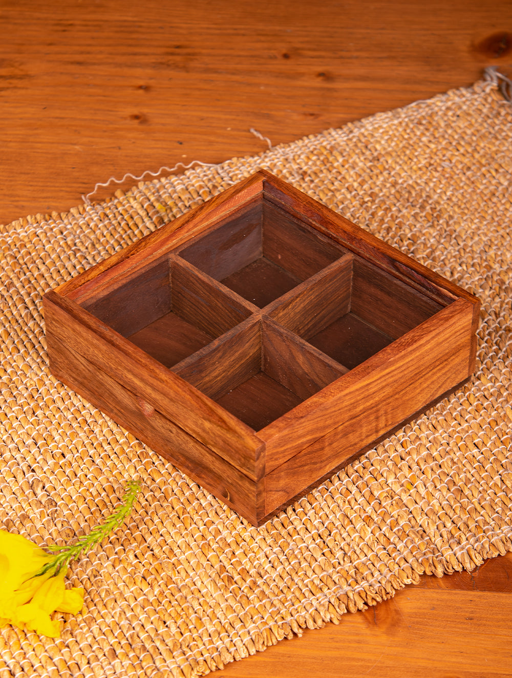 Wooden Multi-Utility Spice Box - Square (4 Sections)
