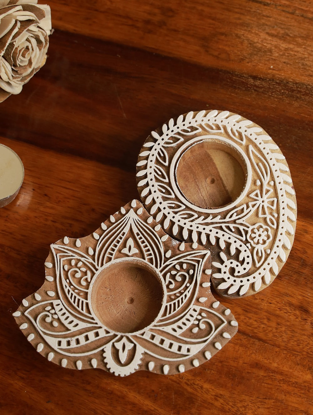 Load image into Gallery viewer, Wooden Engraved Tealight Holders (Set of 2) - Large. Paisley &amp; Lotus