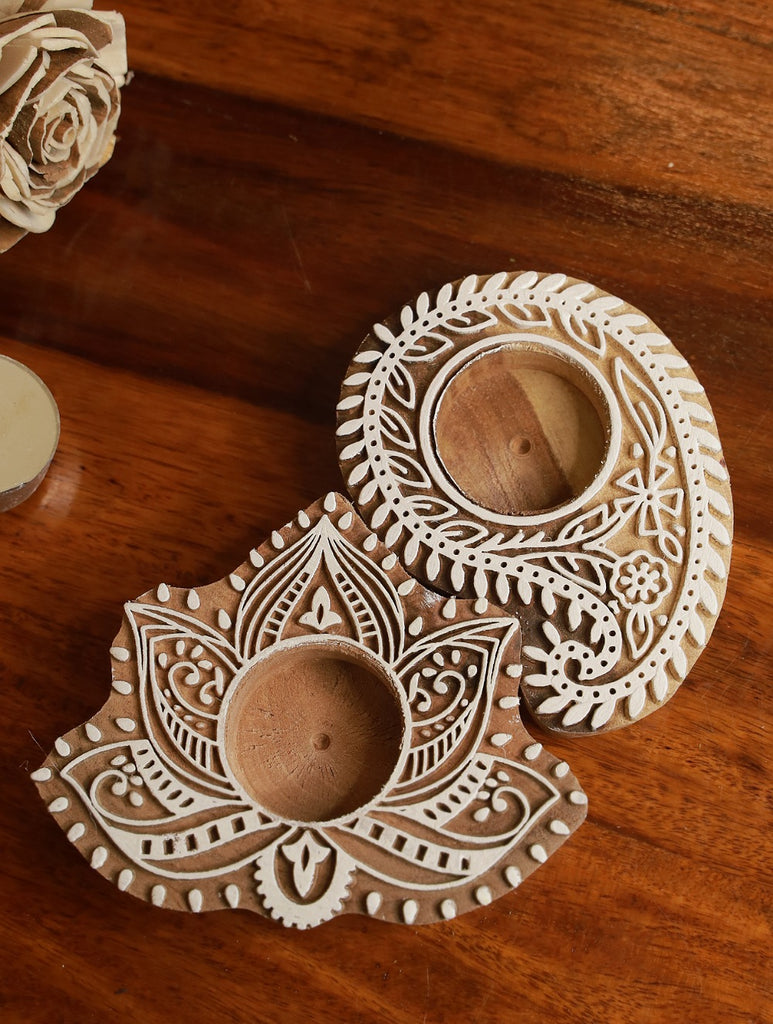 Wooden Engraved Tealight Holders (Set of 2) - Large. Paisley & Lotus