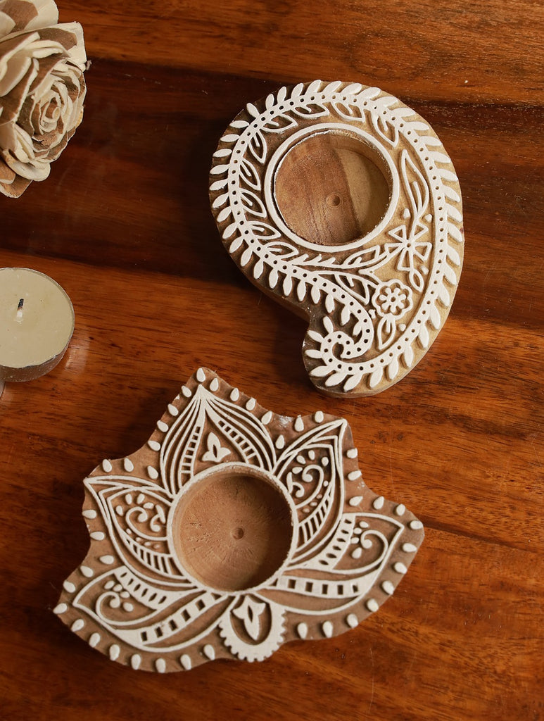 Wooden Engraved Tealight Holders (Set of 2) - Large. Paisley & Lotus