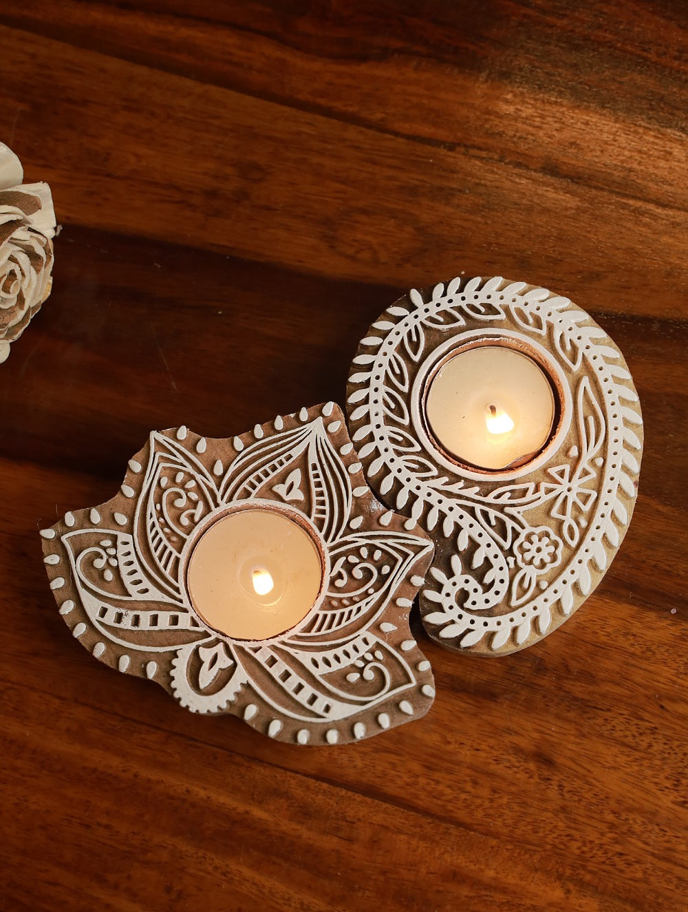Load image into Gallery viewer, Wooden Engraved Tealight Holders (Set of 2) - Large. Paisley &amp; Lotus
