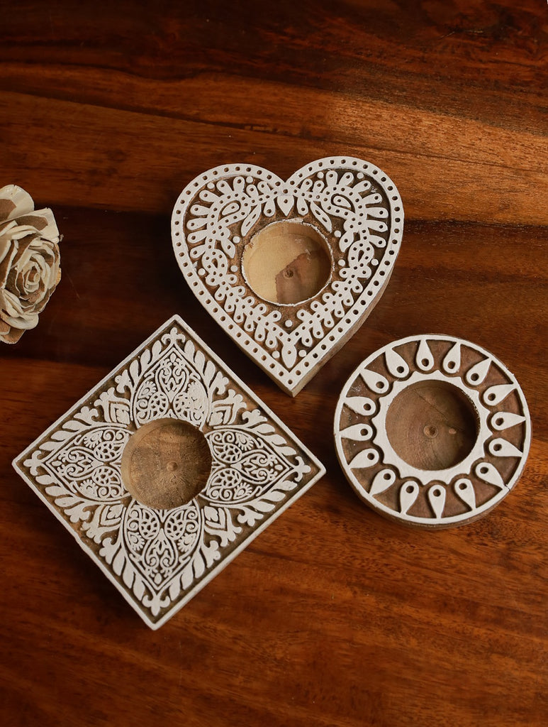 Wooden Engraved Tealight Holders (Set of 2) - Medium. Assorted