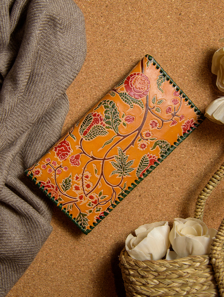 Embossed Leather Wallet (Multi-Compartment) - Golden Yellow Floral