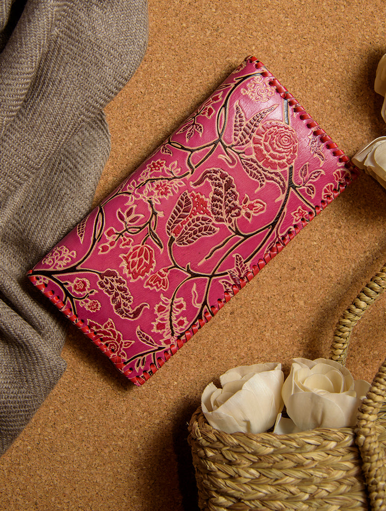 Embossed Leather Wallet (Multi-Compartment) - Pink & Red