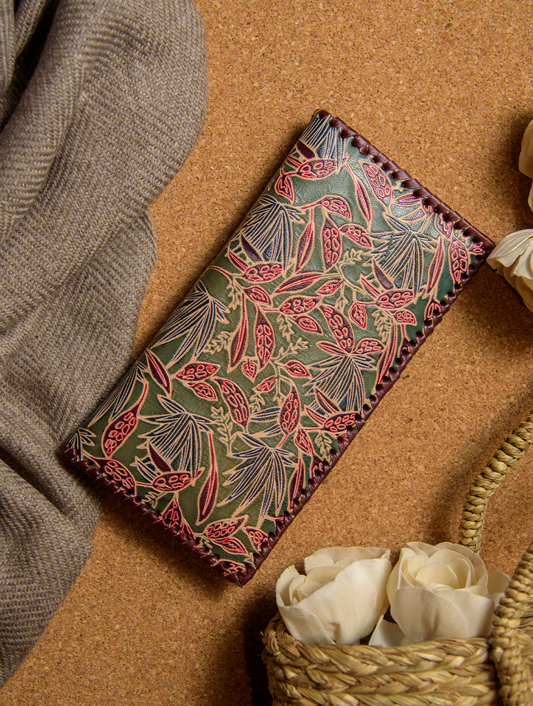 Embossed Leather Wallet (Multi-Compartment) - Dull Olive Floral