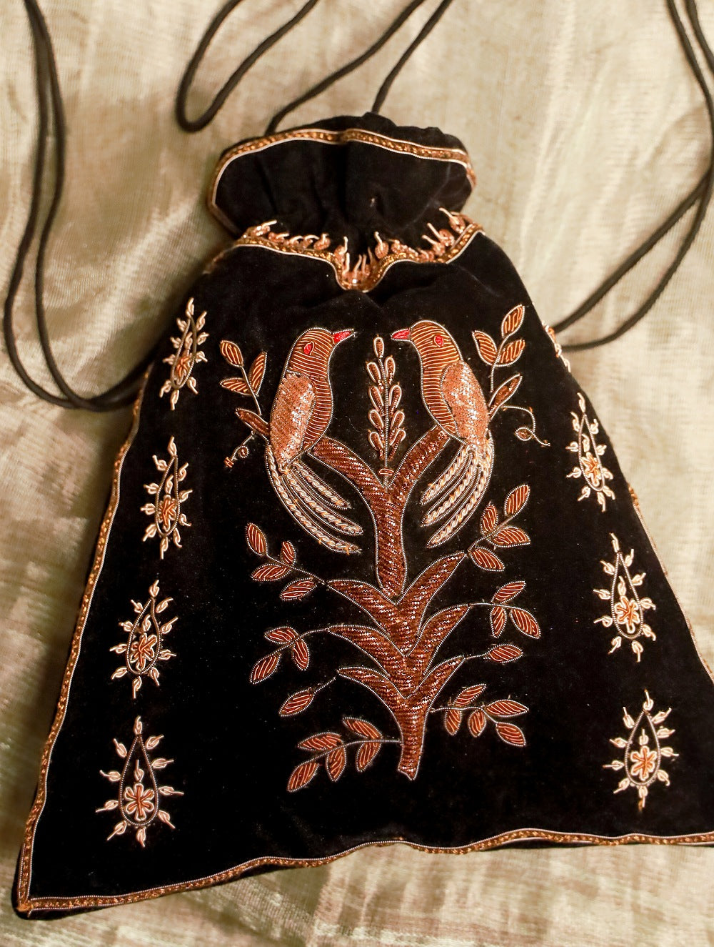 Load image into Gallery viewer, Zardozi and Resham Embroidered Evening Potli Bag - Black birds
