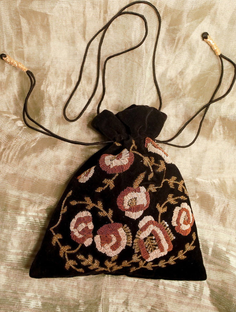 Zardozi and Resham Embroidered Evening Potli Bag - Black Floral