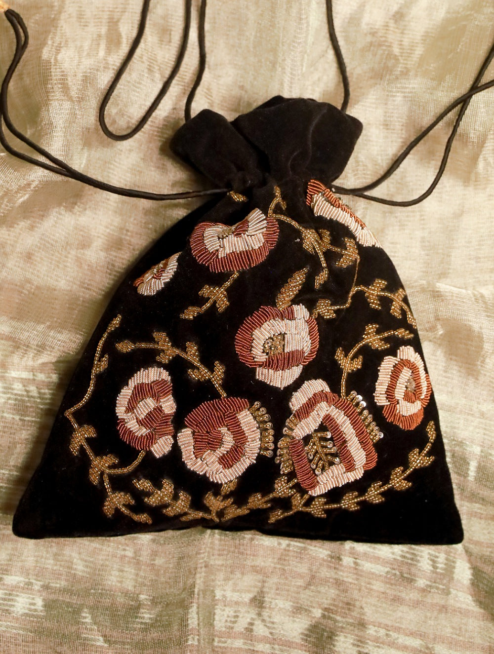Load image into Gallery viewer, Zardozi and Resham Embroidered Evening Potli Bag - Black Floral