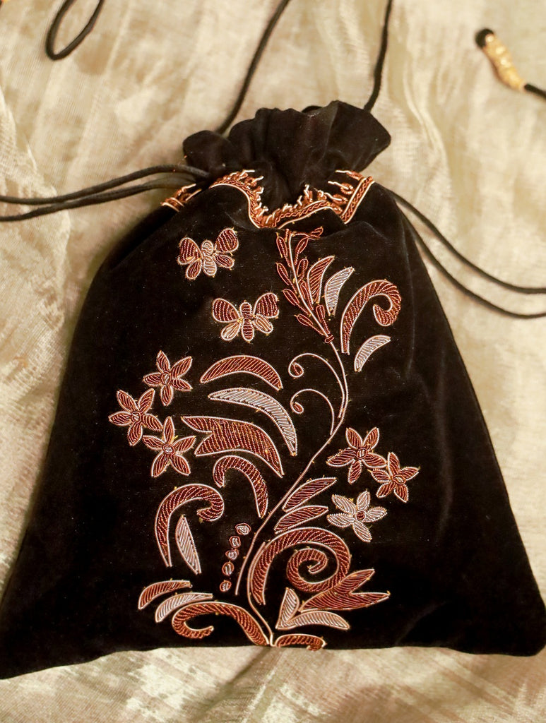 Zardozi and Resham Embroidered Evening Potli Bag - Black Floral