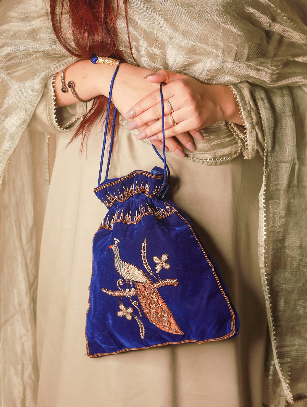 Load image into Gallery viewer, Zardozi and Resham Embroidered Evening Potli Bag - Deep Blue Peacock