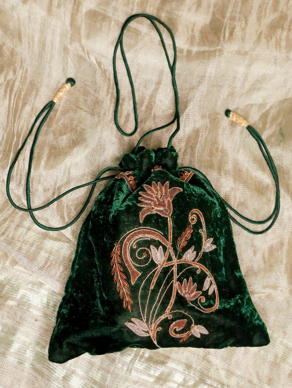Load image into Gallery viewer, Zardozi and Resham Embroidered Evening Potli Bag - Green Floral