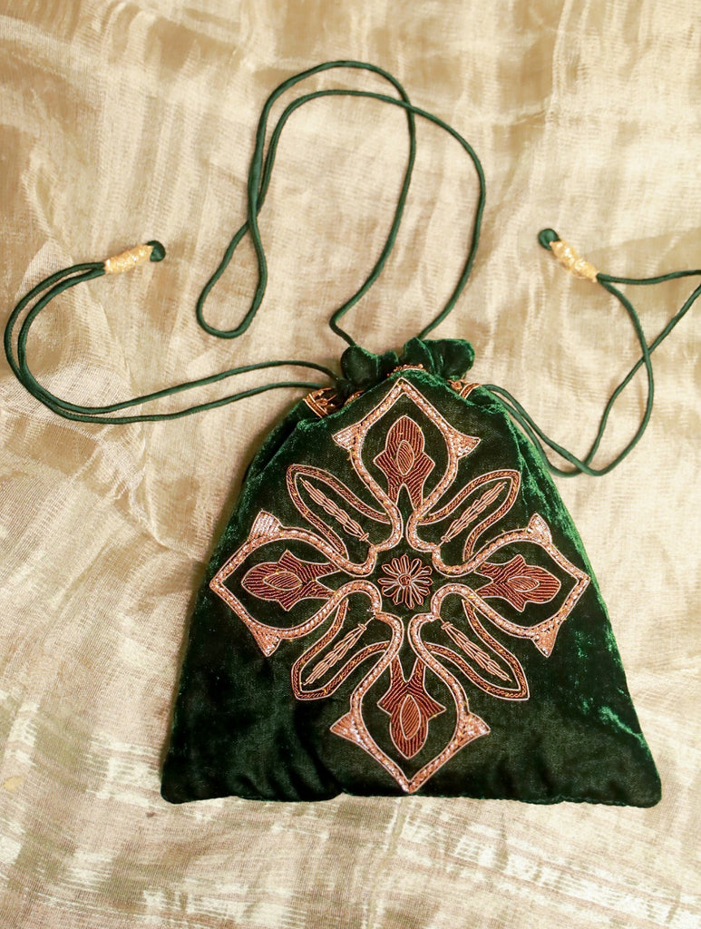 Zardozi and Resham Embroidered Evening Potli Bag - Green Ornate