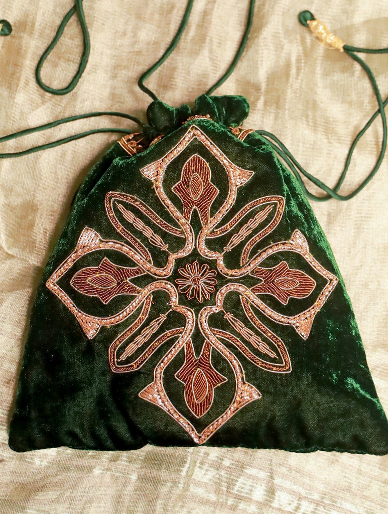 Zardozi and Resham Embroidered Evening Potli Bag - Green Ornate