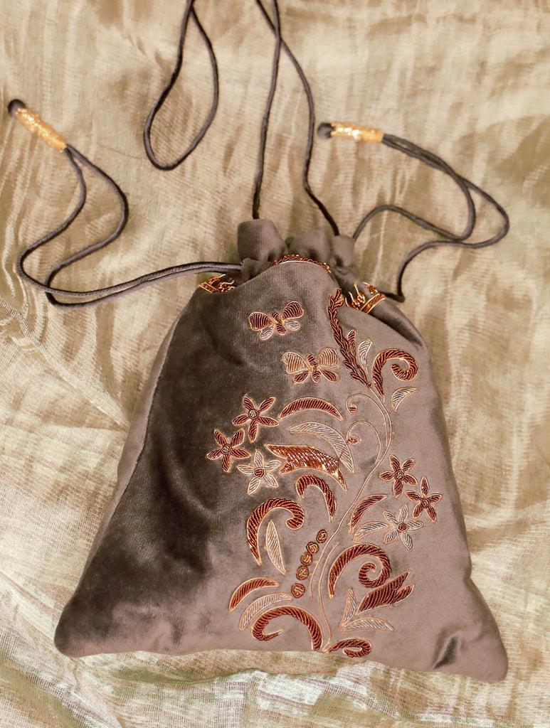 Zardozi and Resham Embroidered Evening Potli Bag - Grey Floral