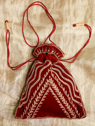 Zardozi and Resham Embroidered Evening Potli Bag - Maroon Ornate