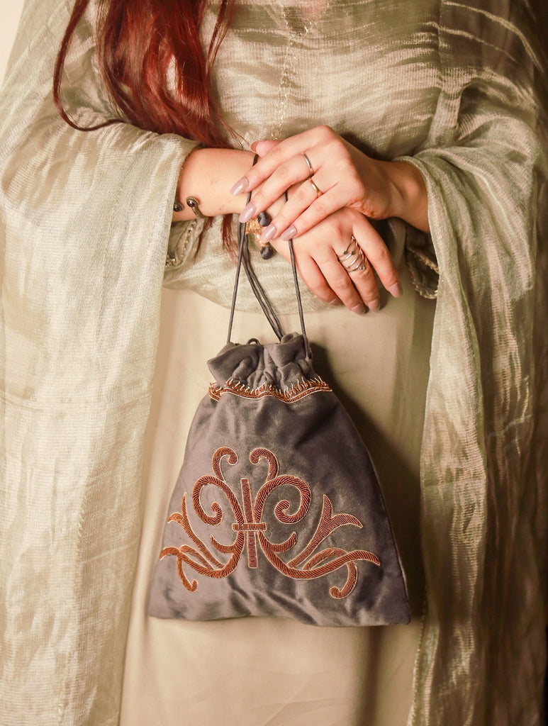 Zardozi and Resham Embroidered Evening Potli Bag - Pearl Grey Ornate