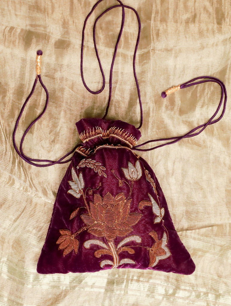 Zardozi and Resham Embroidered Evening Potli Bag - Plum Lotus