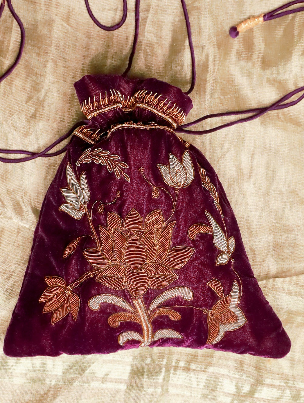 Load image into Gallery viewer, Zardozi and Resham Embroidered Evening Potli Bag - Plum Lotus