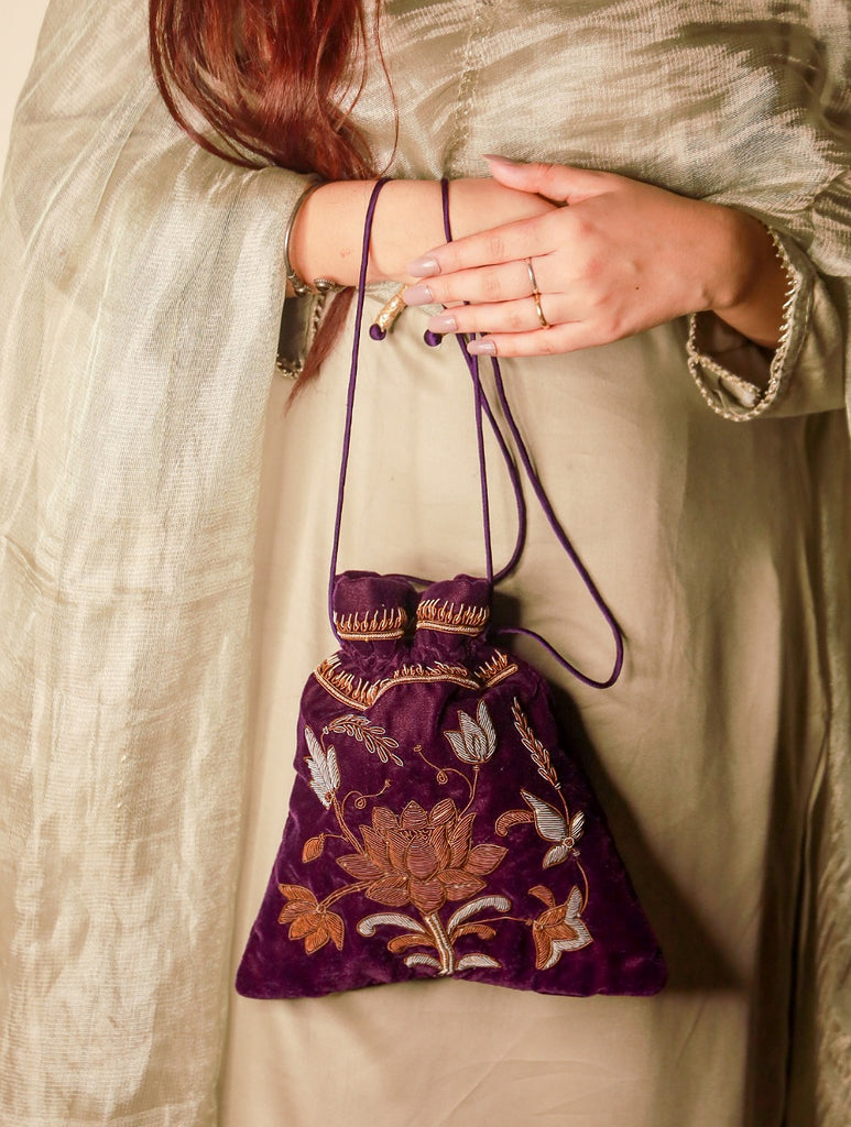 Zardozi and Resham Embroidered Evening Potli Bag - Plum Lotus